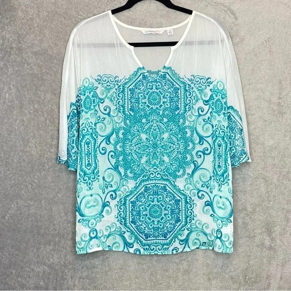 ISAAC Mizrahi M Medium Top Shirt Blue Paisley Short Sleeve V Neck Sheer P21 - Picture 1 of 6